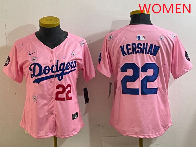 Women Los Angeles Dodgers #22 Kershaw Pink White Blue Sakura Edition 2025 Nike MLB Jersey style 2